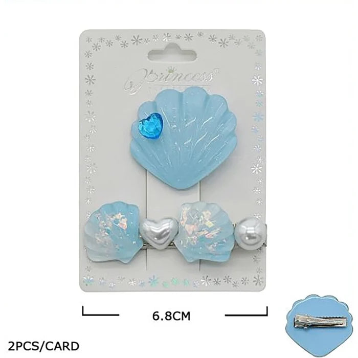 2pc Princess Seashell Hair Clip Set – Ocean Theme Alligator Barrettes with Pearl & Heart Gem Accents for Girls & Toddlers (TK-1101M)