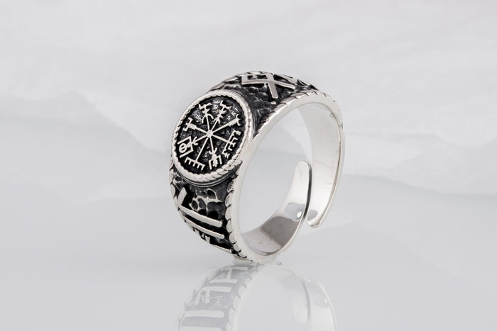vkngjewelry Ring Handcrafted Vegvisir Symbol Hail Odin Runes Sterling Silver Ring