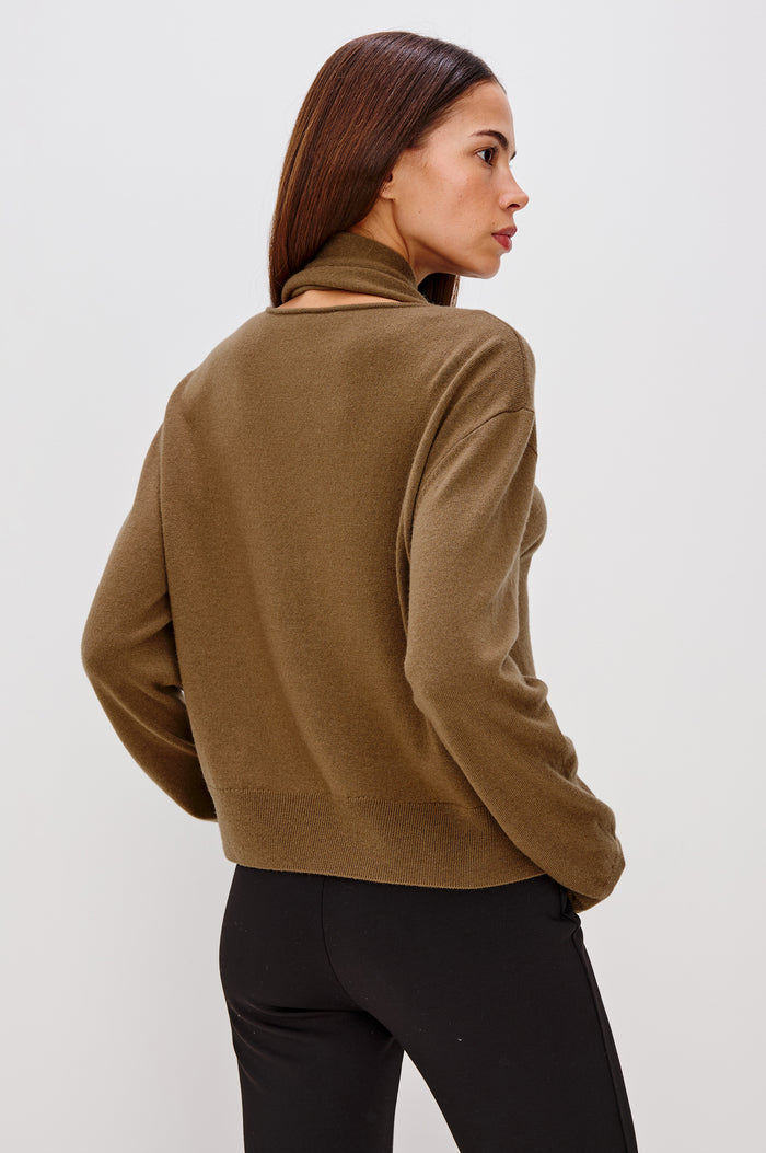 Cortina Wool Cashmere Blend Sweater with an Attached Self-Tie Scarf, Relaxed Fit With Dropped Shoulders, Long Sleeves, and Ribbed Trim - Full Body Front View Featured on Model