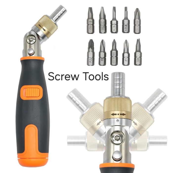 Ergonomic handle and adjustable gold-tone locking mechanism of the multi-angle driver.