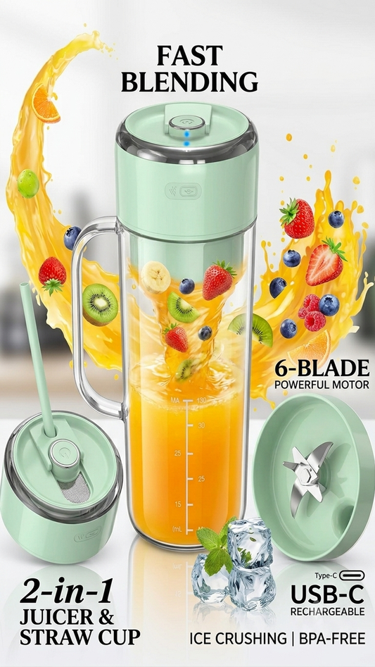 A mint green electric juicer blender shown with its lid, straw cup, and blade cover, surrounded by fruit splashes and orange juice. Text highlights features like fast blending, 6-blade powerful motor, 2-in-1 juicer and straw cup, USB-C rechargeable, and ice crushing.