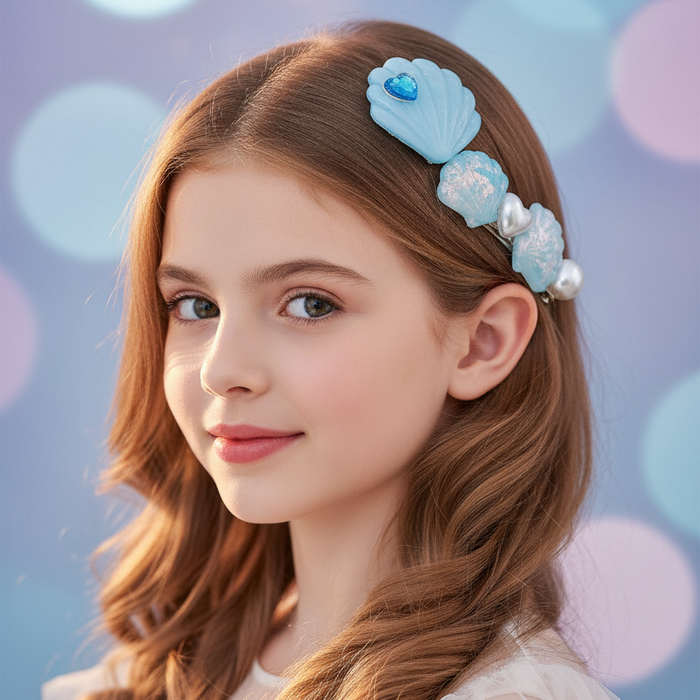 2pc Princess Seashell Hair Clip Set – Ocean Theme Alligator Barrettes with Pearl & Heart Gem Accents for Girls & Toddlers (TK-1101M)