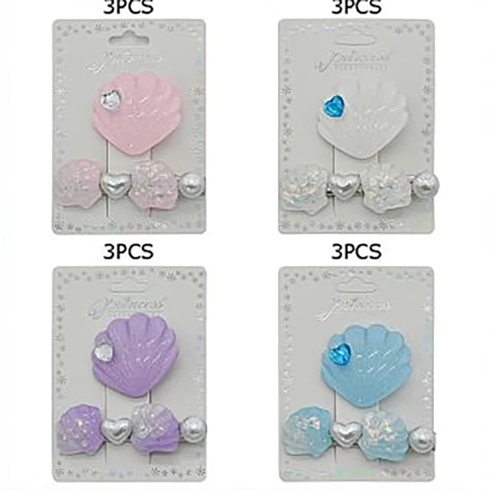 2pc Princess Seashell Hair Clip Set – Ocean Theme Alligator Barrettes with Pearl & Heart Gem Accents for Girls & Toddlers (TK-1101M)