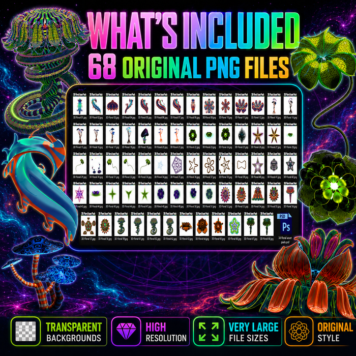3D Floral Asset Pack - Psychedelic Art Graphic Assets