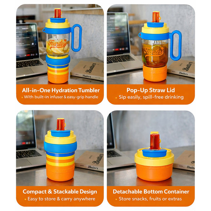 4 in 1 water bottle with fruit infuser and snack box leakproof travel tumbler