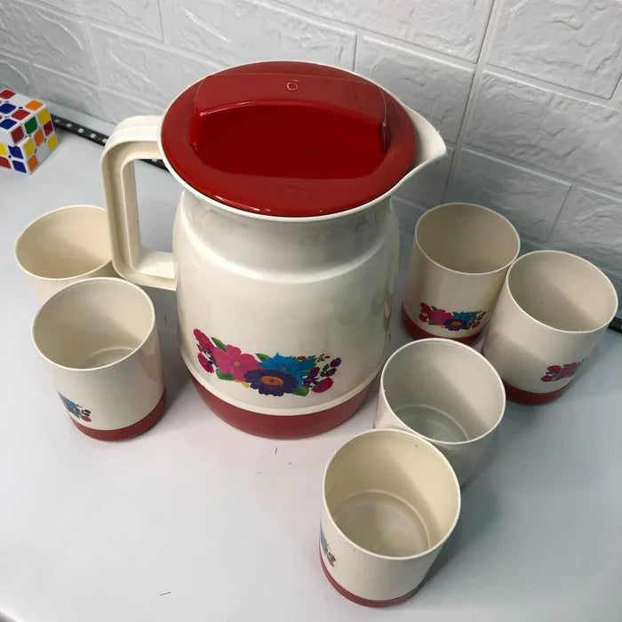 7 Pcs Fancy Plastic Water Jug Set Hot & Cold Water Jug & 6 Glasses