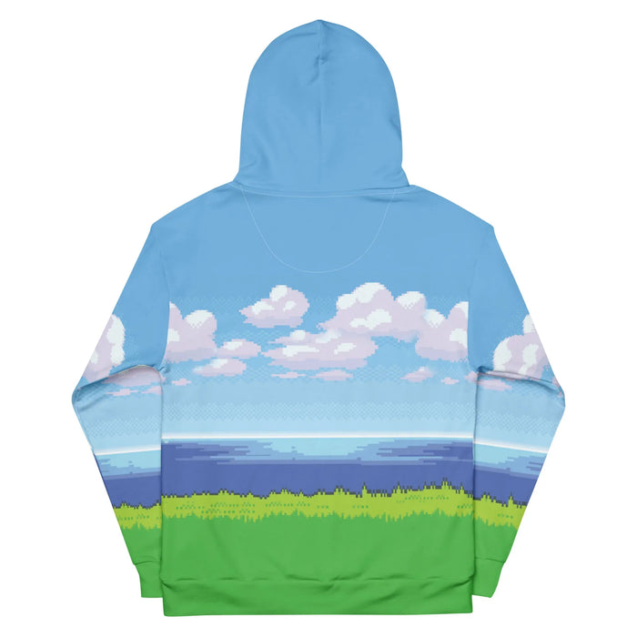 8-Bit Ocean Hoodie - The distinctive "step-ladder" edges of the cumulus clouds in #E6E6FA lavender and soft white against the #6495ED cornflower sky, plus the high-contrast saturation between the #32CD32 lime turf and #0047AB cobalt water, mimicking a generic "Starter Town" map.