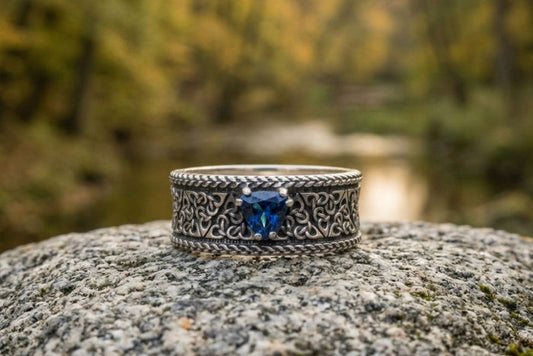 vkngjewelry Ring Handcrafted Ornament Ring Triquetra Symbol Style Gem Sterling Silver Ring