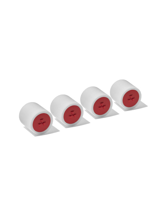 a row of white and red sewing threads